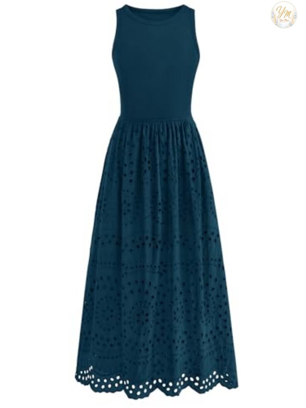 Women's Sleeveless Lace Eyelet Cotton Maxi Dress with Pockets High Waist A-Line